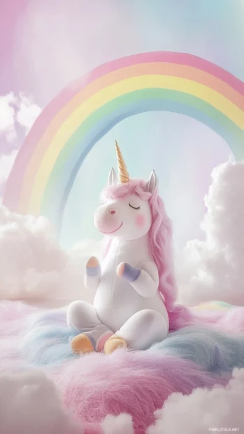 Muted rainbow arch over meditating unicorn.