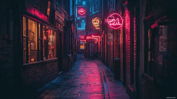 Mysterious alley with Dark City Wallpaper vibes, illuminated by flickering neon signs.