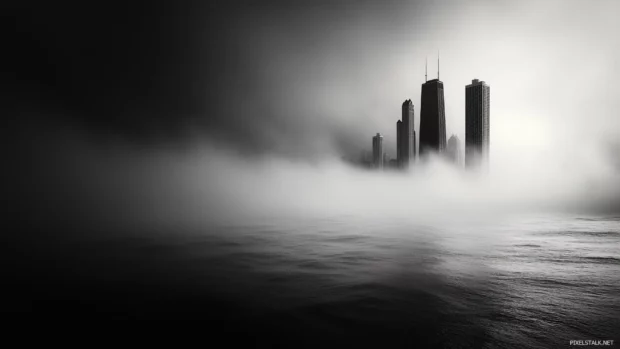 Mysterious ethereal atmosphere, tallest skyscrapers above mist enveloped Chicago skyline.