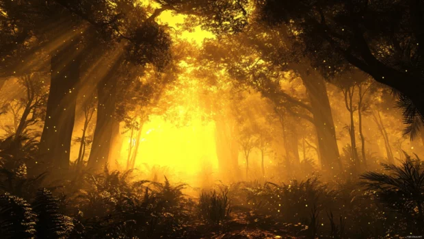 Mystical forest lit by golden sunrise perfect for a sunrise wallpaper in forest.