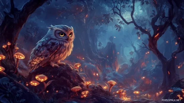 Mystical owl wallpaper HD of an owl sitting among glowing mushrooms in a fantasy forest.