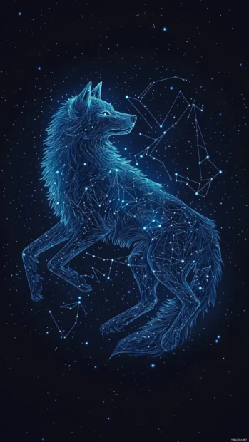 Mystical wolf floating in space with constellations tracing its outline.