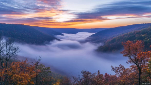 Nature awakens under a dreamy fog at sunrise.
