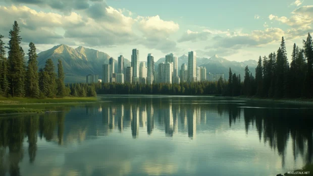 Nature frames modern skyline, distant mountains, calm foreground river.