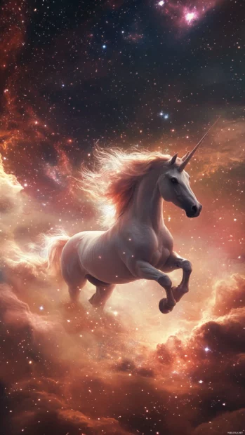 Nebula fog wraps around a unicorn trotting into a starpath.