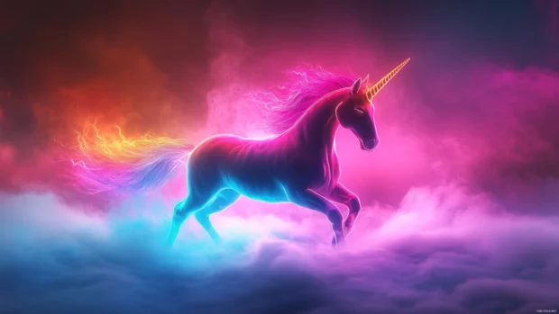 Neon Unicorn wallpaper with a unicorn emerging from glowing neon fog.