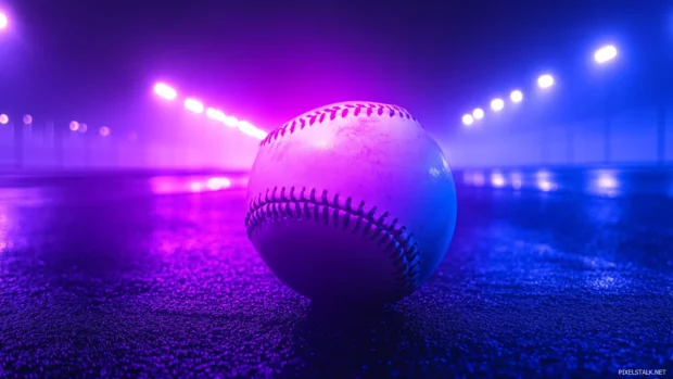 Neon baseball on a dark asphalt background, glowing with electric blue and purple hues, creating a cyberpunk feel.