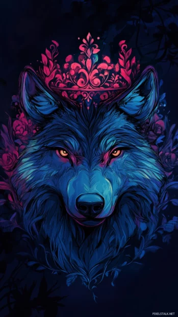 Neon blue and magenta patterns form a glowing crown above the wolf head in vertical view.