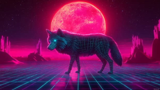 Neon cyber wolf background featuring a biomechanical wolf in a digital grid landscape.
