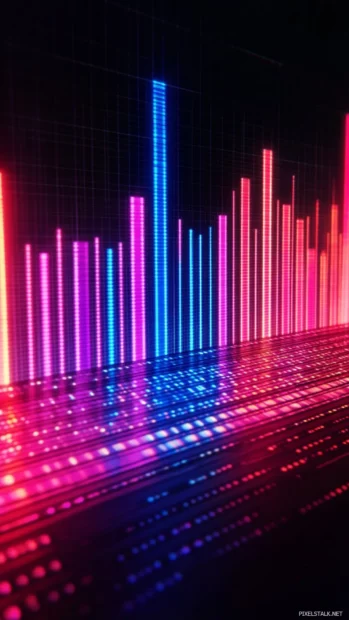 Neon equalizer bars pulsing to invisible music.
