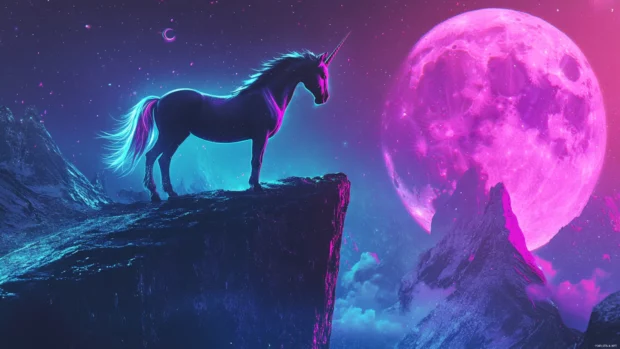 Neon fantasy unicorn art with a unicorn standing on a neon cliff under a digital moon.