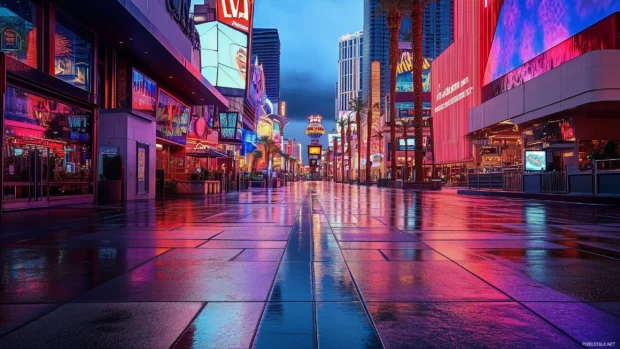 Neon filled Vegas nightlife with bustling crowds.