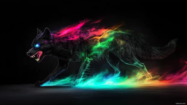 Neon fire surrounds a black wolf as it snarls in the darkness, casting colorful shadows.