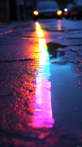 Neon light reflection across street puddle for vibrant Light Wallpaper for iPhone.