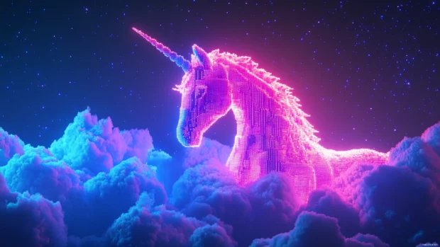 Neon light unicorn background glowing through pixelated clouds behind a unicorn.