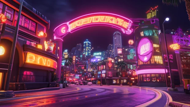Neon lit street corners create a cinematic vibe in the night city.
