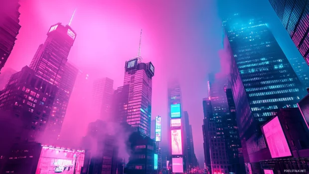 Neon pink and blue Cyberpunk scene with high rise buildings and bustling urban energy.