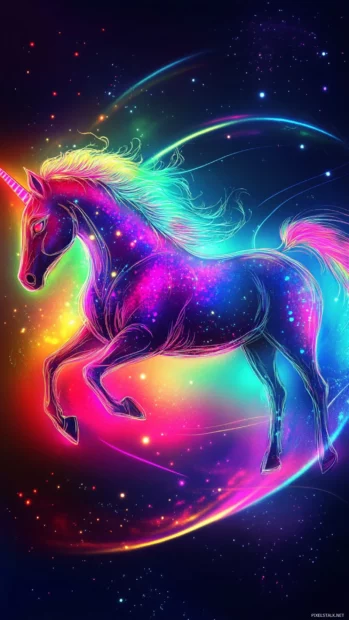 Neon rainbow trails behind unicorn in this Neon fantasy unicorn art.