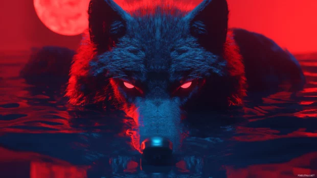 Neon reflection of the wolf mirrored over a deep synthetic ocean with glowing moon.