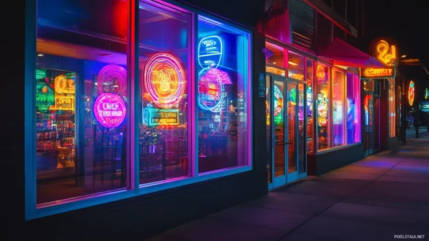 Neon reflections in windows capture the mood of a Nighttime City Desktop Wallpaper.