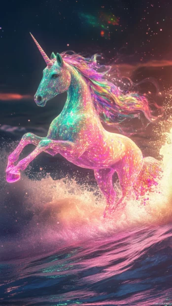 Neon sea waves carry a Unicorn across glowing shores.