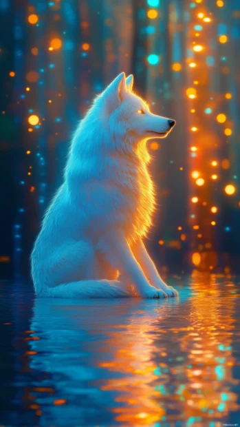 Neon wolf wallpaper showing a glowing wolf sitting in a digital forest of light.