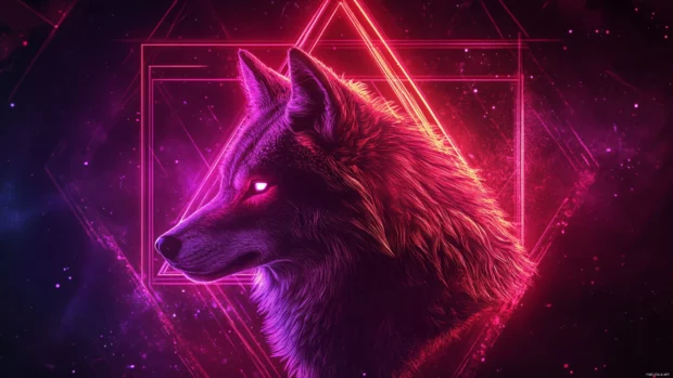 Neon wolf wallpaper with geometric neon shapes surrounding a glowing wolf head in profile.