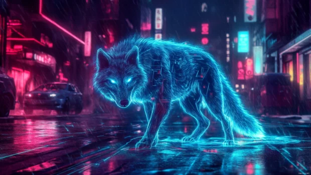 Neon wolf wallpaper with glowing blue fur and electric trails behind the beast in a cyberpunk city.