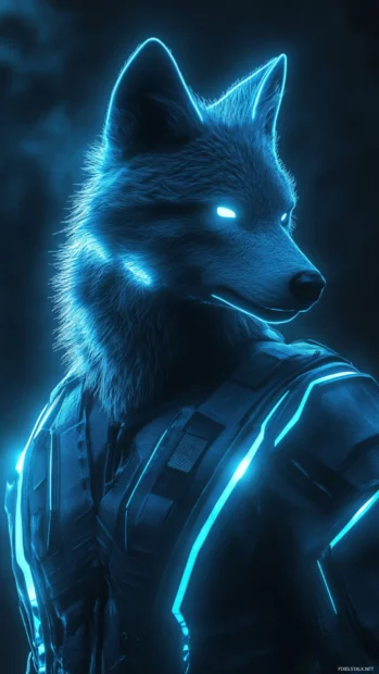 Neon wolf wallpaper with sci fi accents and glowing armor style plating.