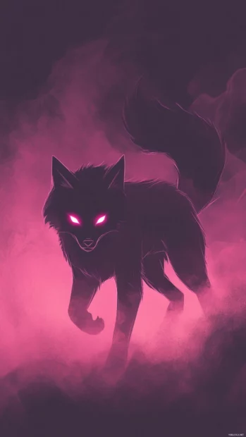Neon wolf wallpaper with sharp lines, glowing accents and a dark purple fog behind the wolf.