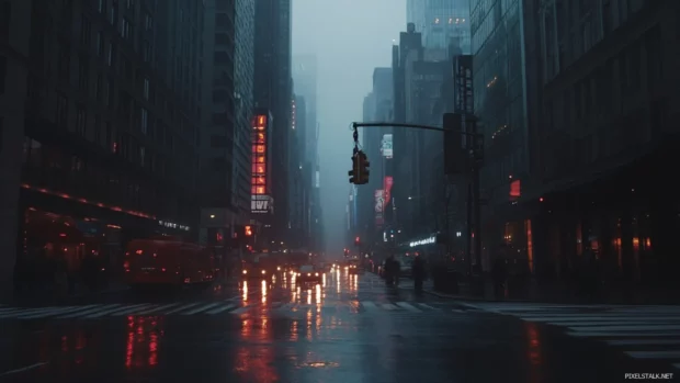 New York City Desktop Wallpaper at dusk, warm streetlights glowing along Broadway.