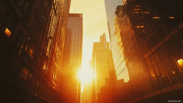 New York City Desktop Wallpaper captured in golden hour, skyscrapers glowing in sunlight.