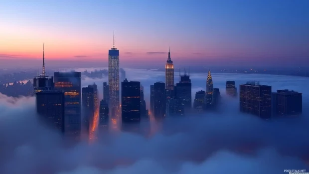 New York City Desktop Wallpaper showing the skyline emerging through light morning fog.
