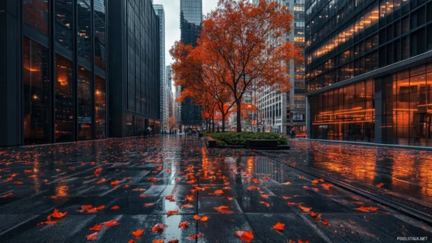 New York City Desktop Wallpaper with autumn leaves falling along a Manhattan sidewalk.