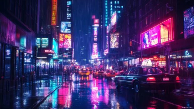 New York City at night lit with neon in a vibrant Night New York City Wallpaper.