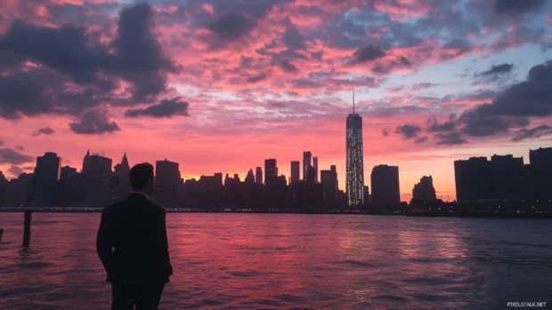 New York City bathed in pastel skies before nightfall.