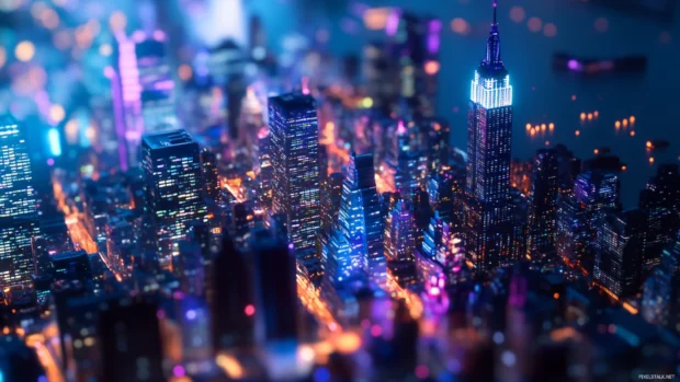 New York City skyline glows with deep blues and purples.