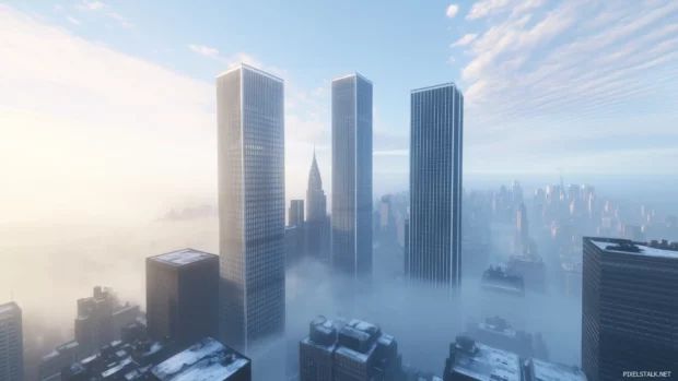 New York skyline in foggy morning, skyscraper tops peek through mist.