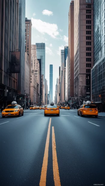 New York street, calm, with sparse yellow cabs moving.