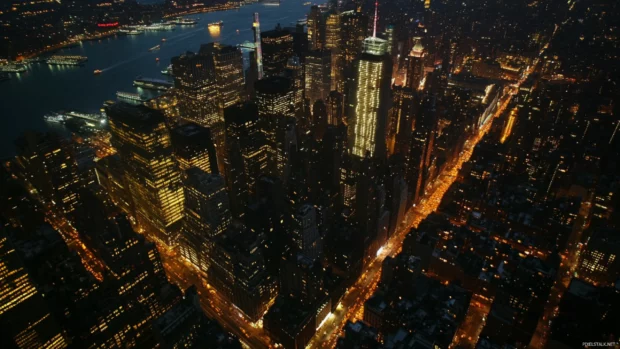 Night New York City Wallpaper featuring glowing Times Square and busy night streets.
