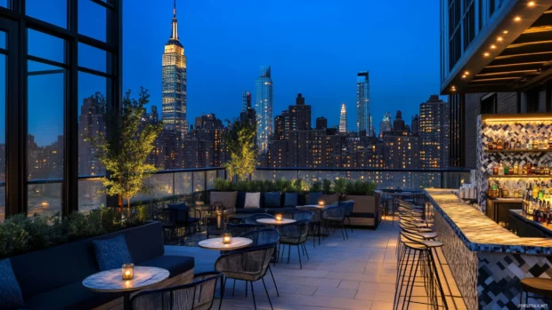 Night New York City Wallpaper from a rooftop bar overlooking Manhattan skyline.