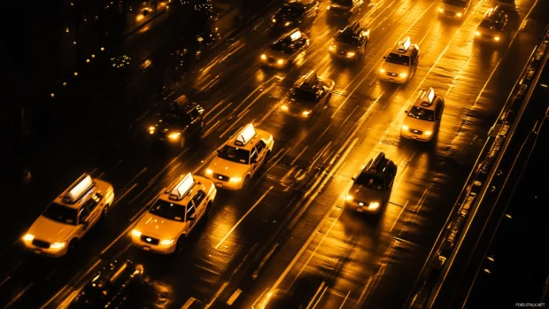 Night New York City Wallpaper showing taxis weaving through bright avenues.