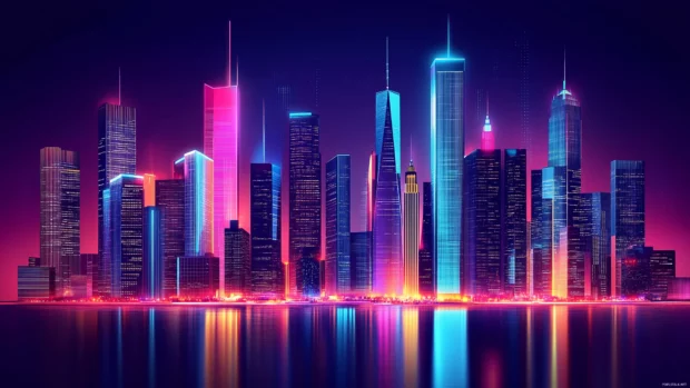 Night city skyline, futuristic, neon lights shine, tall sleek buildings.