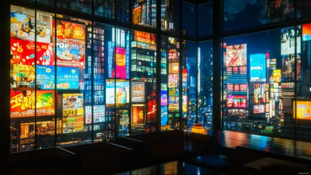 Night city views from a high rise window reflecting glowing billboards.