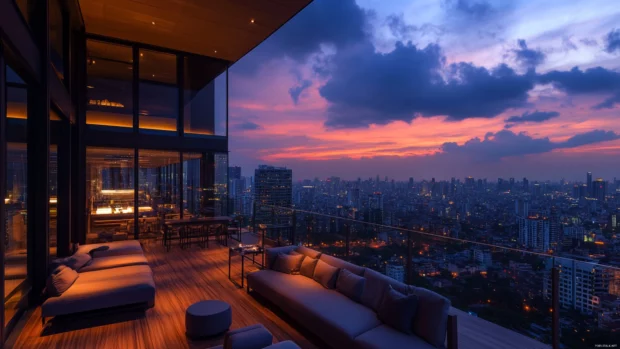 Night city wallpaper 4k perspective from a quiet rooftop lounge.