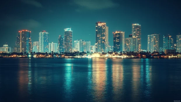 Night city wallpaper 4k showing glowing urban skyline at dusk.