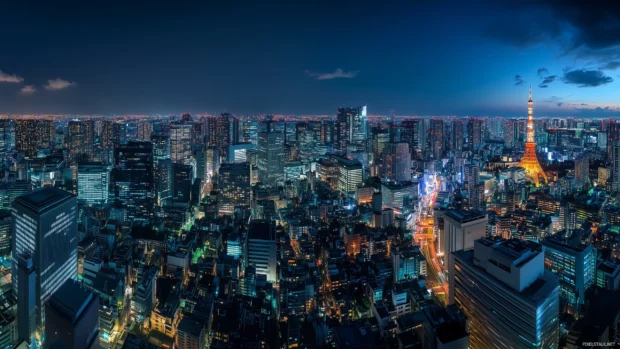 Night cityscape from rooftop showing panoramic skyline lights.