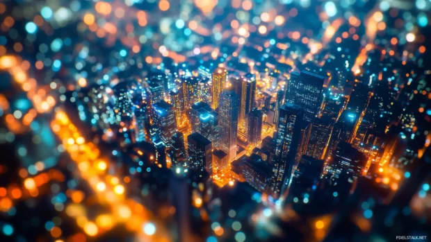 Night cityscape full of sparkling lights and tall buildings.