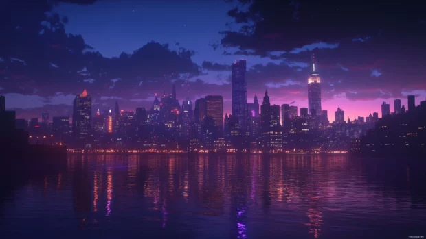 Night dramatic Manhattan skyline, glowing skyscrapers, Hudson River reflects city lights.