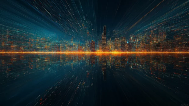 Night panoramic view of Chicago skyline, city lights shimmer on calm lake.